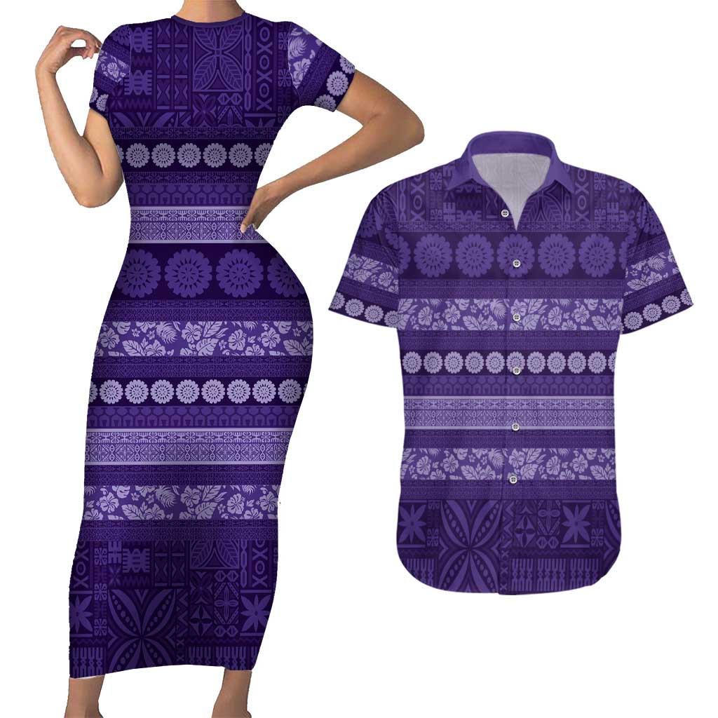 Fiji Marau na Kerisimasi Couples Matching Short Sleeve Bodycon Dress and Hawaiian Shirt Purple Tapa Masi Inspired Christmas LT9 Purple - Polynesian Pride