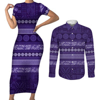 Fiji Marau na Kerisimasi Couples Matching Short Sleeve Bodycon Dress and Long Sleeve Button Shirt Purple Tapa Masi Inspired Christmas LT9 Purple - Polynesian Pride