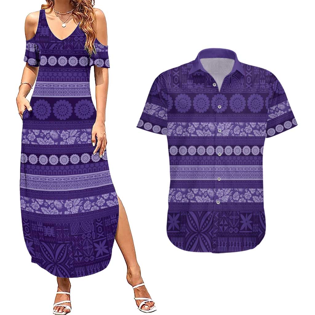 Fiji Marau na Kerisimasi Couples Matching Summer Maxi Dress and Hawaiian Shirt Purple Tapa Masi Inspired Christmas LT9 Purple - Polynesian Pride
