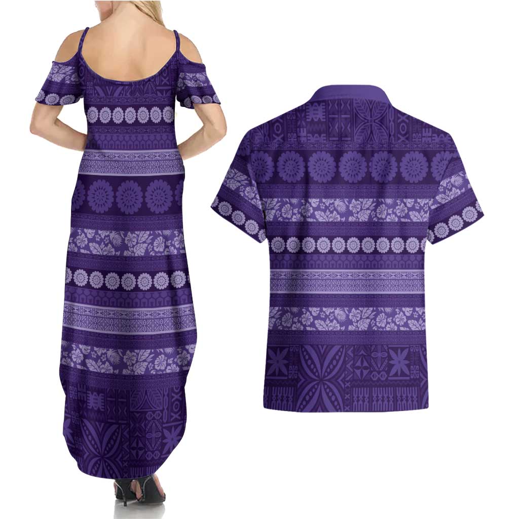 Fiji Marau na Kerisimasi Couples Matching Summer Maxi Dress and Hawaiian Shirt Purple Tapa Masi Inspired Christmas LT9 - Polynesian Pride