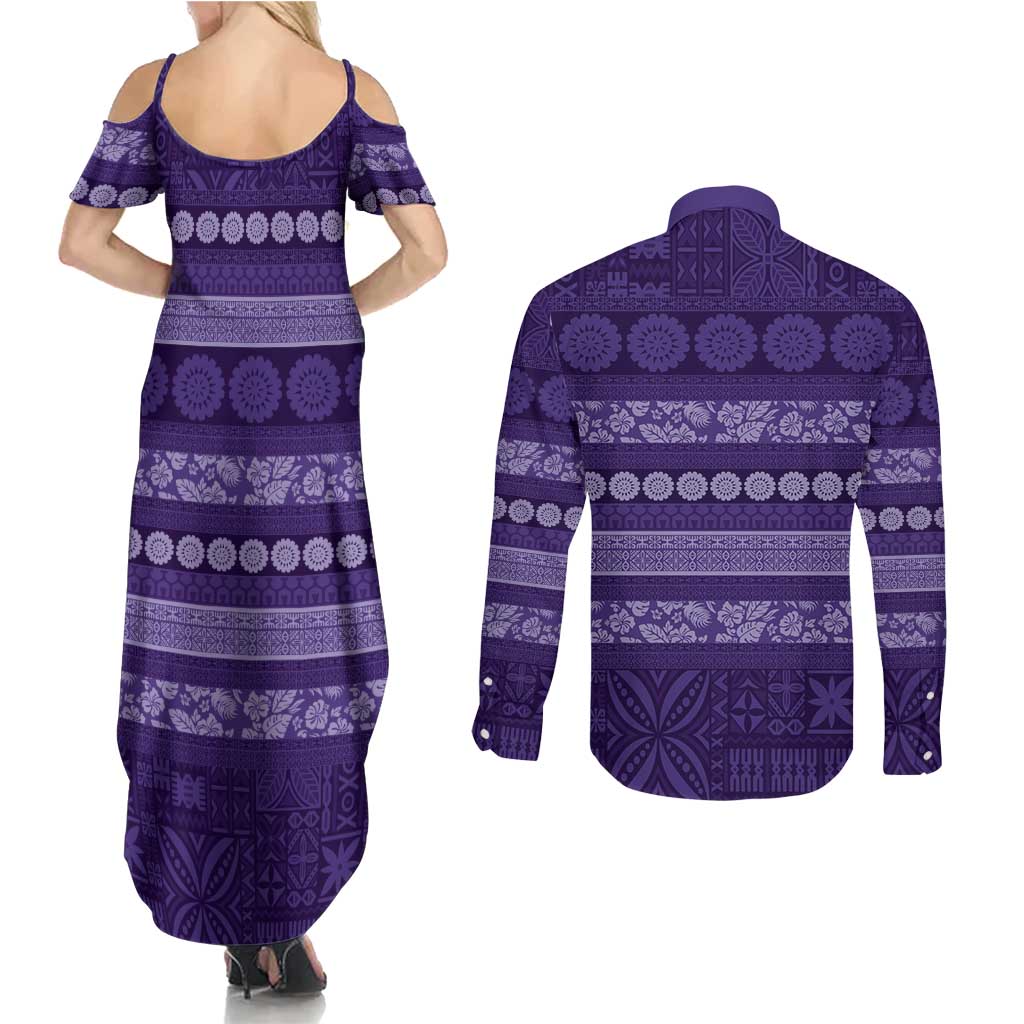 Fiji Marau na Kerisimasi Couples Matching Summer Maxi Dress and Long Sleeve Button Shirt Purple Tapa Masi Inspired Christmas LT9 - Polynesian Pride
