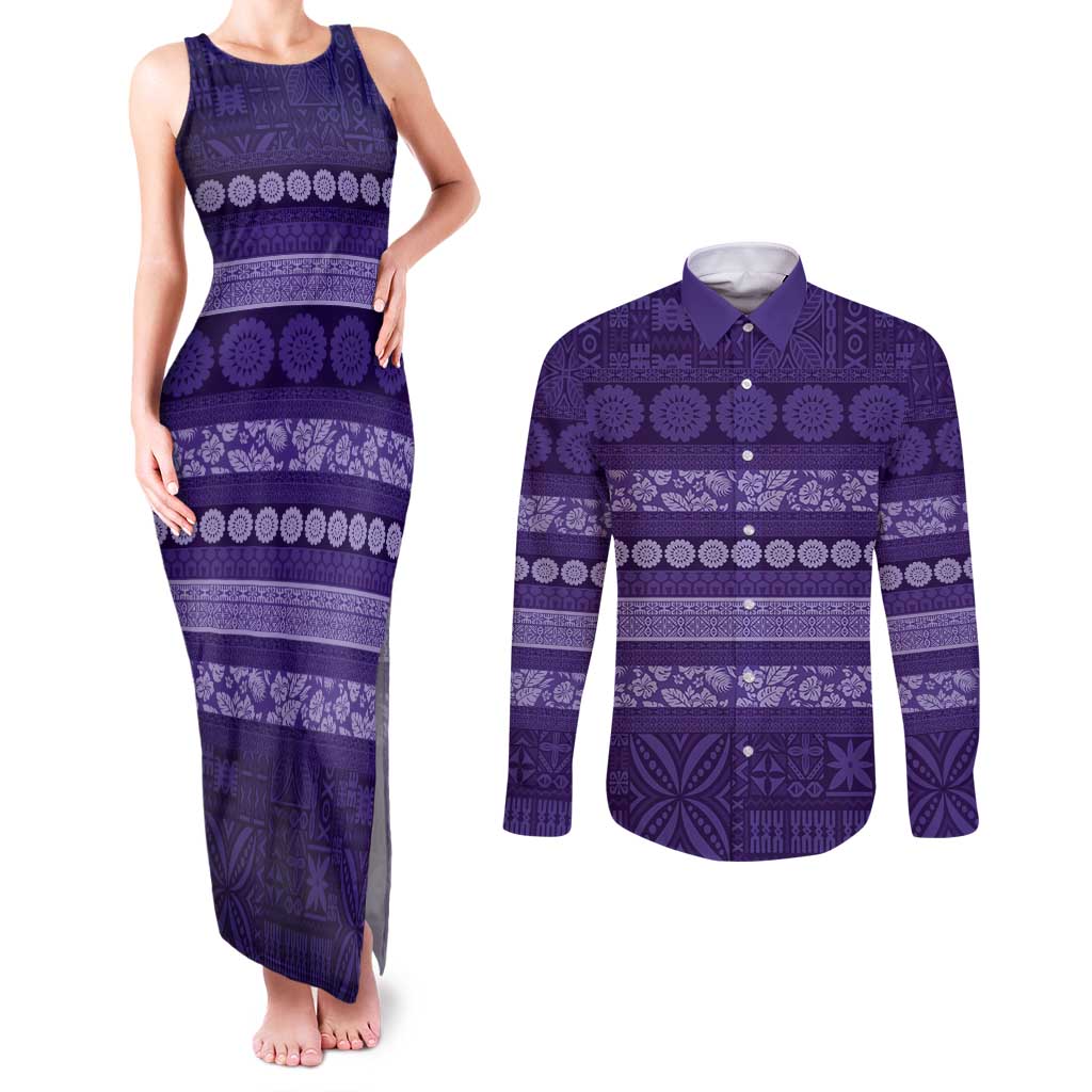 Fiji Marau na Kerisimasi Couples Matching Tank Maxi Dress and Long Sleeve Button Shirt Purple Tapa Masi Inspired Christmas LT9 Purple - Polynesian Pride