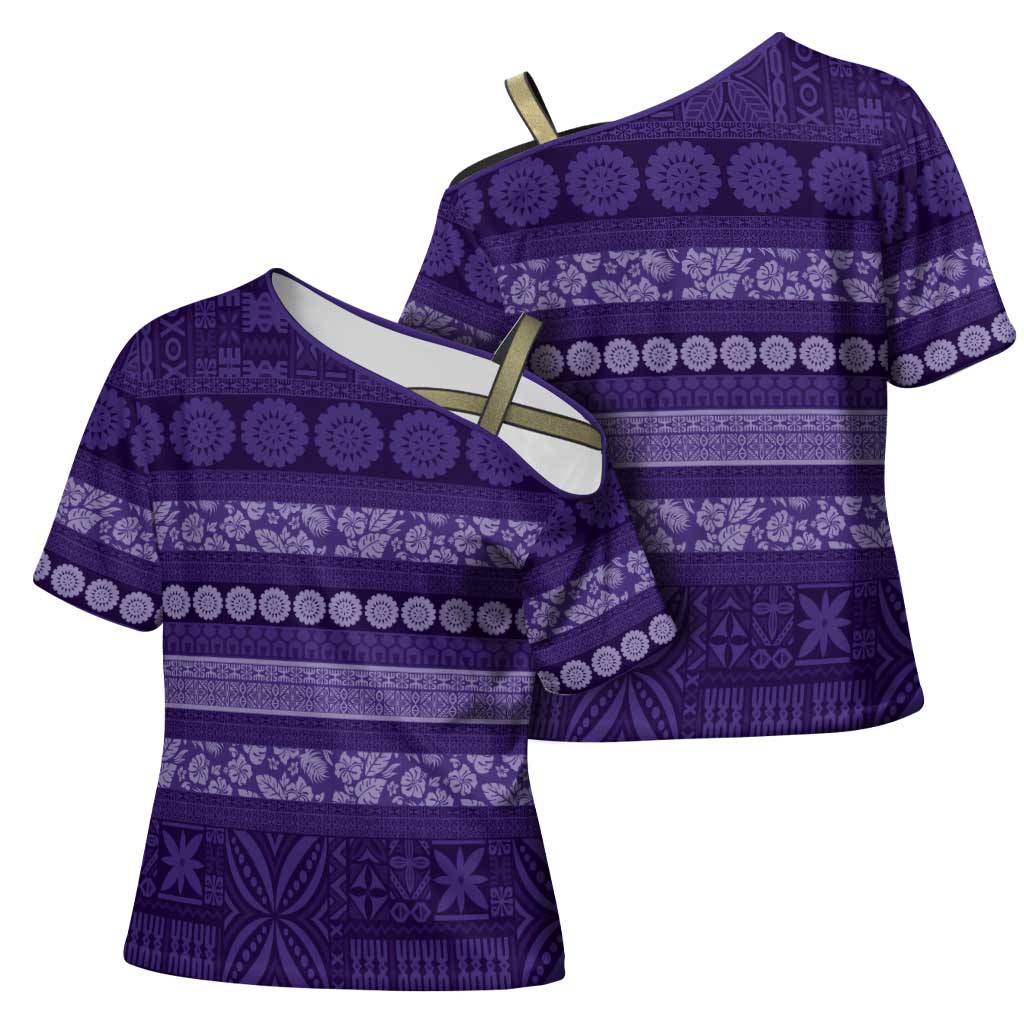 Fiji Marau na Kerisimasi Cross Shoulder Shirt Purple Tapa Masi Inspired Christmas LT9 - Polynesian Pride