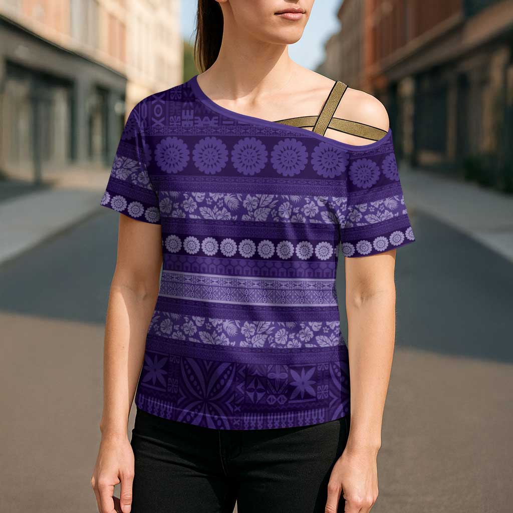 Fiji Marau na Kerisimasi Cross Shoulder Shirt Purple Tapa Masi Inspired Christmas LT9 - Polynesian Pride