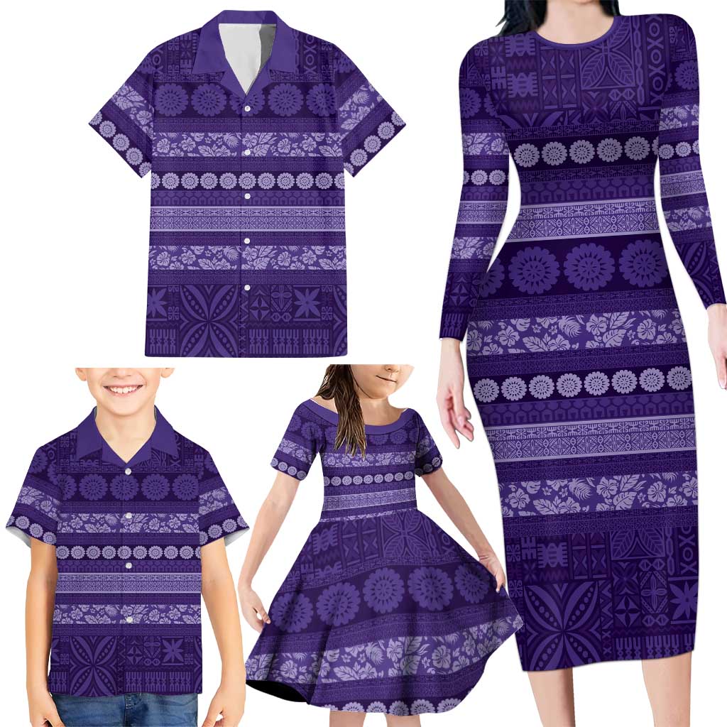 Fiji Marau na Kerisimasi Family Matching Long Sleeve Bodycon Dress and Hawaiian Shirt Purple Tapa Masi Inspired Christmas LT9 - Polynesian Pride