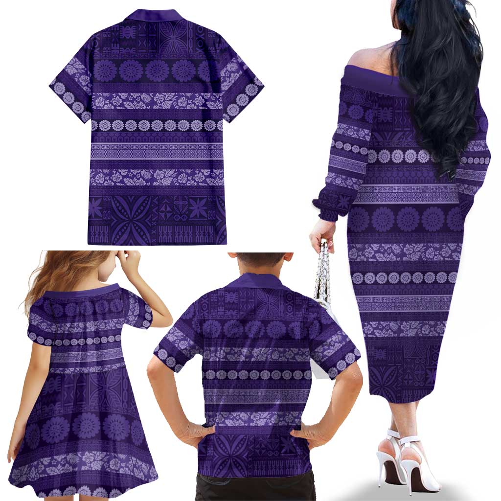 Fiji Marau na Kerisimasi Family Matching Off The Shoulder Long Sleeve Dress and Hawaiian Shirt Purple Tapa Masi Inspired Christmas LT9 - Polynesian Pride