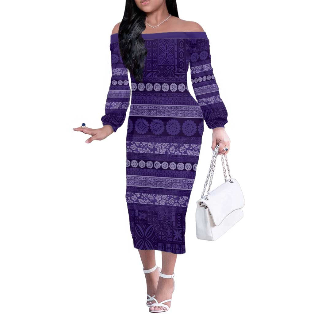 Fiji Marau na Kerisimasi Family Matching Off The Shoulder Long Sleeve Dress and Hawaiian Shirt Purple Tapa Masi Inspired Christmas LT9 Mom's Dress Purple - Polynesian Pride