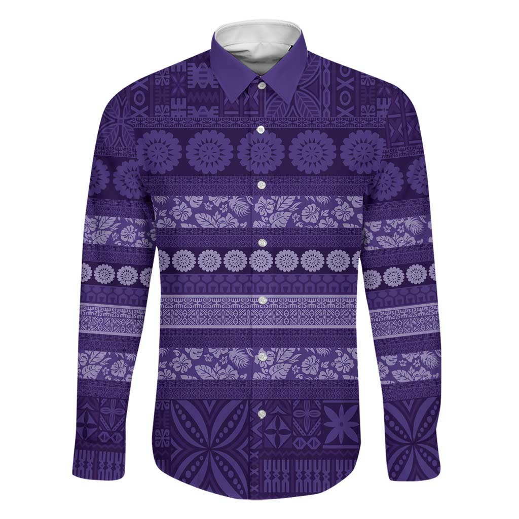 Fiji Marau na Kerisimasi Family Matching Off Shoulder Short Dress and Hawaiian Shirt Purple Tapa Masi Inspired Christmas LT9 Dad's Shirt - Long Sleeve Purple - Polynesian Pride