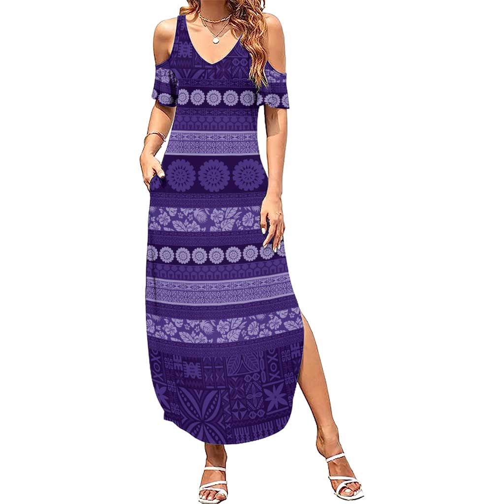Fiji Marau na Kerisimasi Family Matching Summer Maxi Dress and Hawaiian Shirt Purple Tapa Masi Inspired Christmas LT9 Mom's Dress Purple - Polynesian Pride