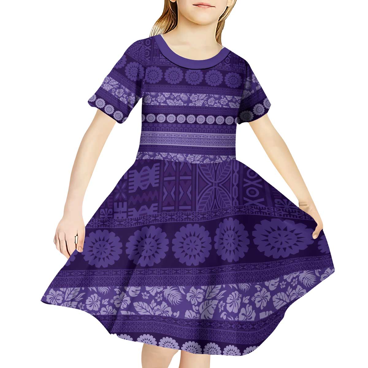 Fiji Marau na Kerisimasi Kid Short Sleeve Dress Purple Tapa Masi Inspired Christmas LT9 - Polynesian Pride