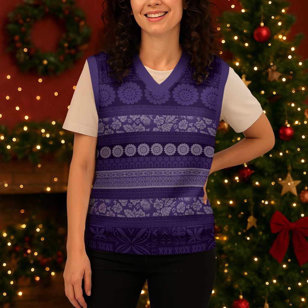 Fiji Marau na Kerisimasi Christmas Knitted V-Neck Vest Purple Tapa Masi Inspired Christmas LT9 - Polynesian Pride