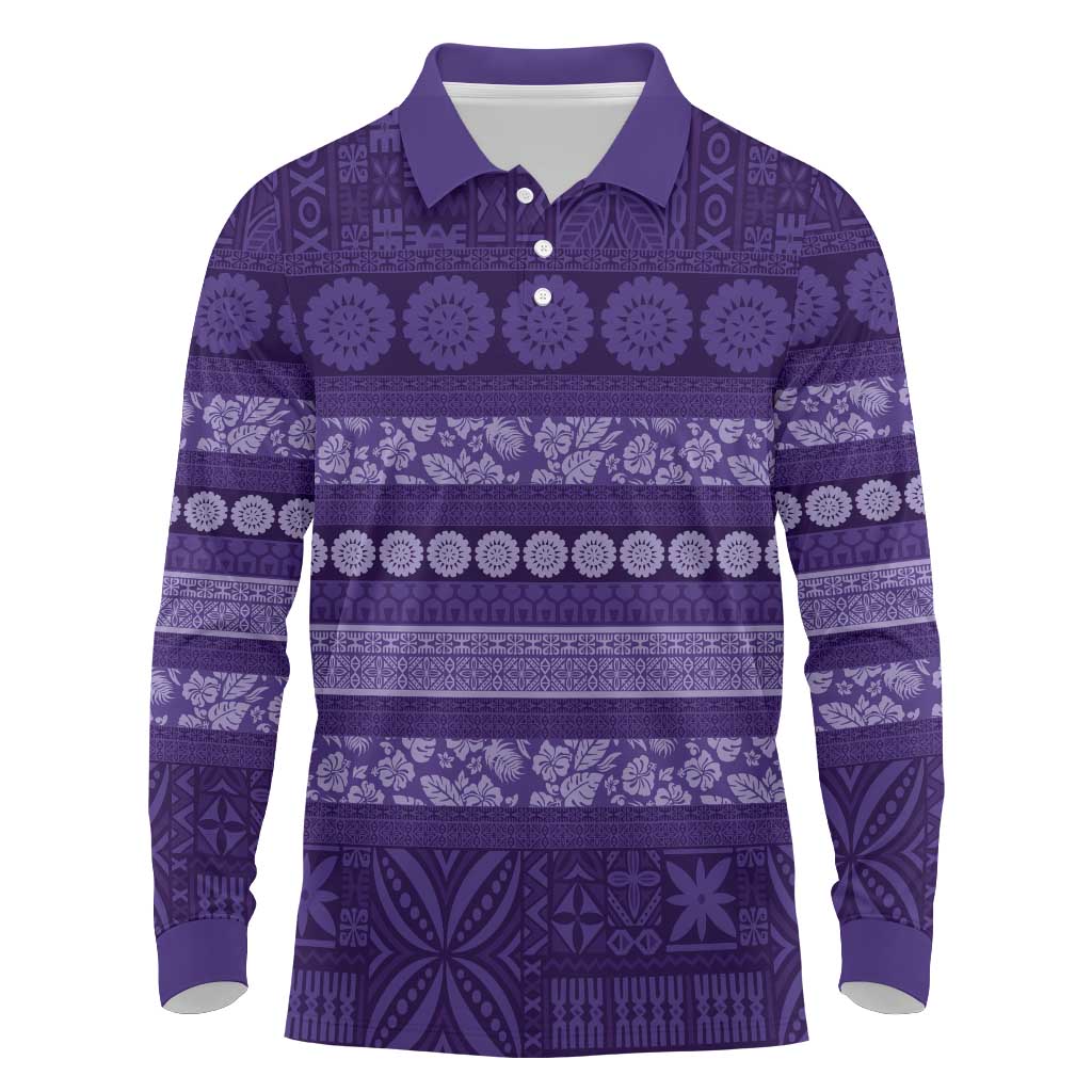 Fiji Marau na Kerisimasi Long Sleeve Polo Shirt Purple Tapa Masi Inspired Christmas LT9 Purple - Polynesian Pride