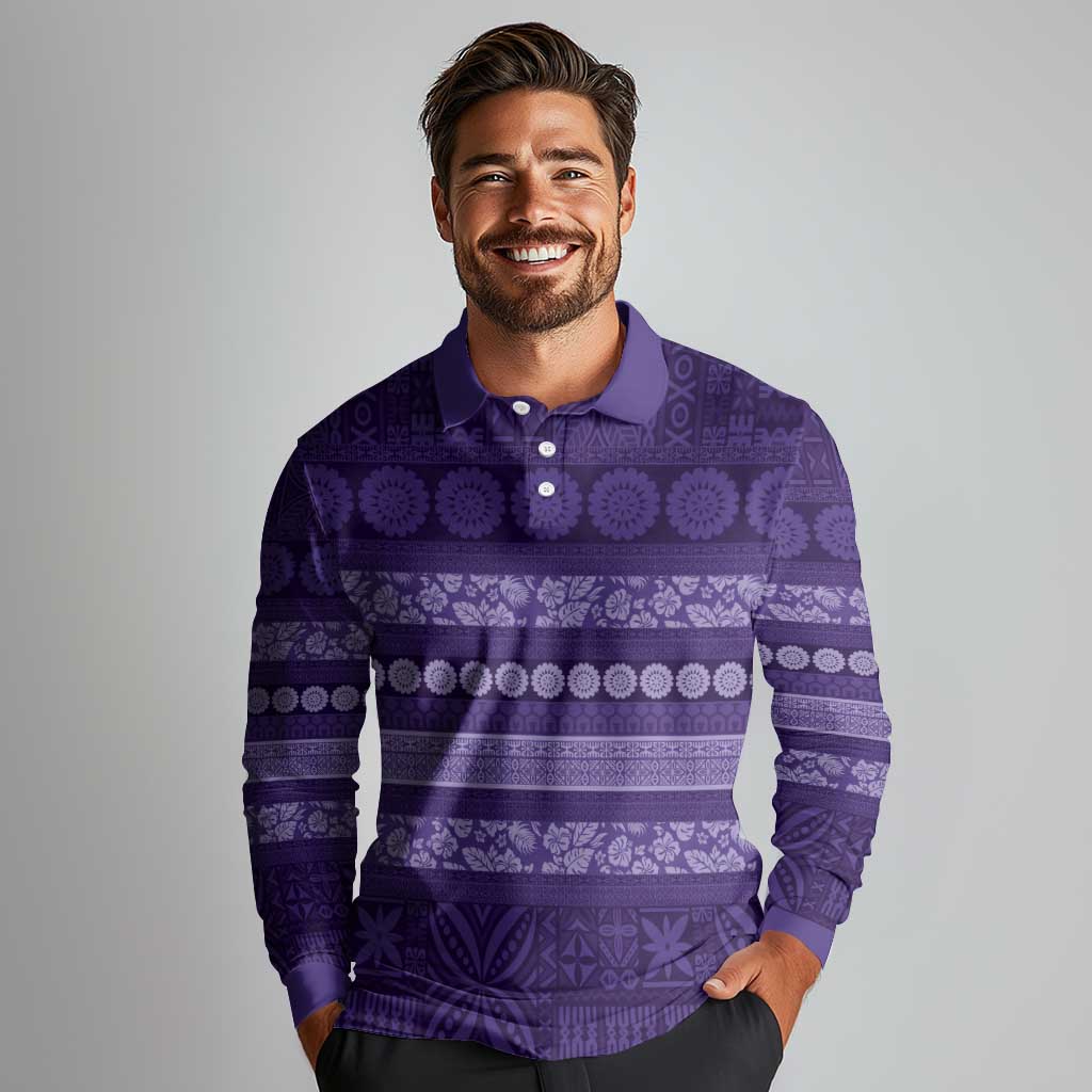 Fiji Marau na Kerisimasi Long Sleeve Polo Shirt Purple Tapa Masi Inspired Christmas LT9 - Polynesian Pride