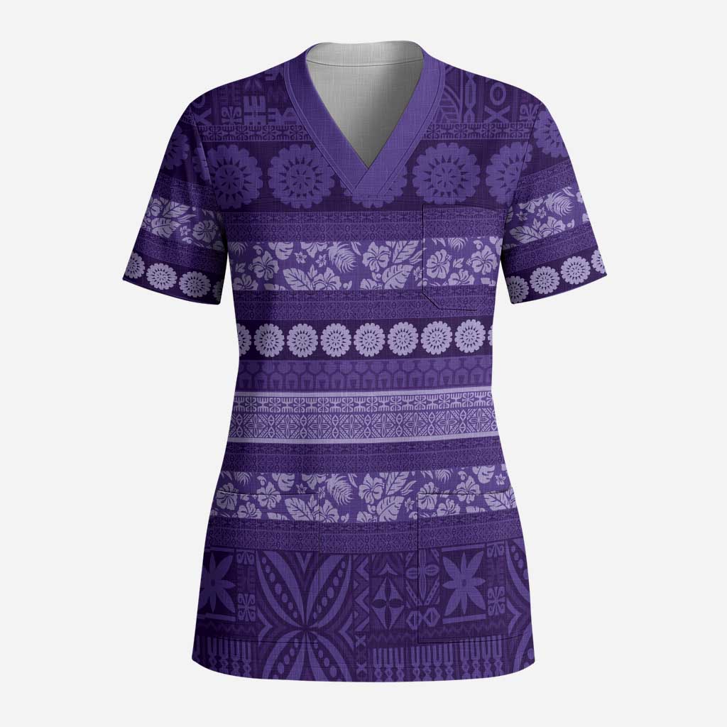 Fiji Marau na Kerisimasi Scrub Top Purple Tapa Masi Inspired Christmas LT9 Adult Purple - Polynesian Pride