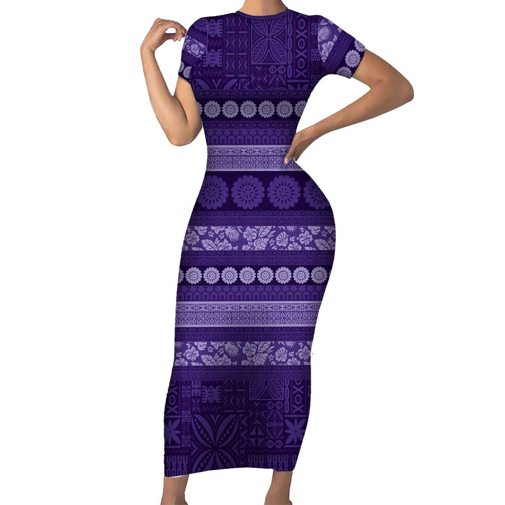 Fiji Marau na Kerisimasi Short Sleeve Bodycon Dress Purple Tapa Masi Inspired Christmas LT9 Long Dress Purple - Polynesian Pride