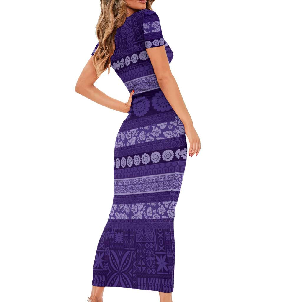 Fiji Marau na Kerisimasi Short Sleeve Bodycon Dress Purple Tapa Masi Inspired Christmas LT9 - Polynesian Pride