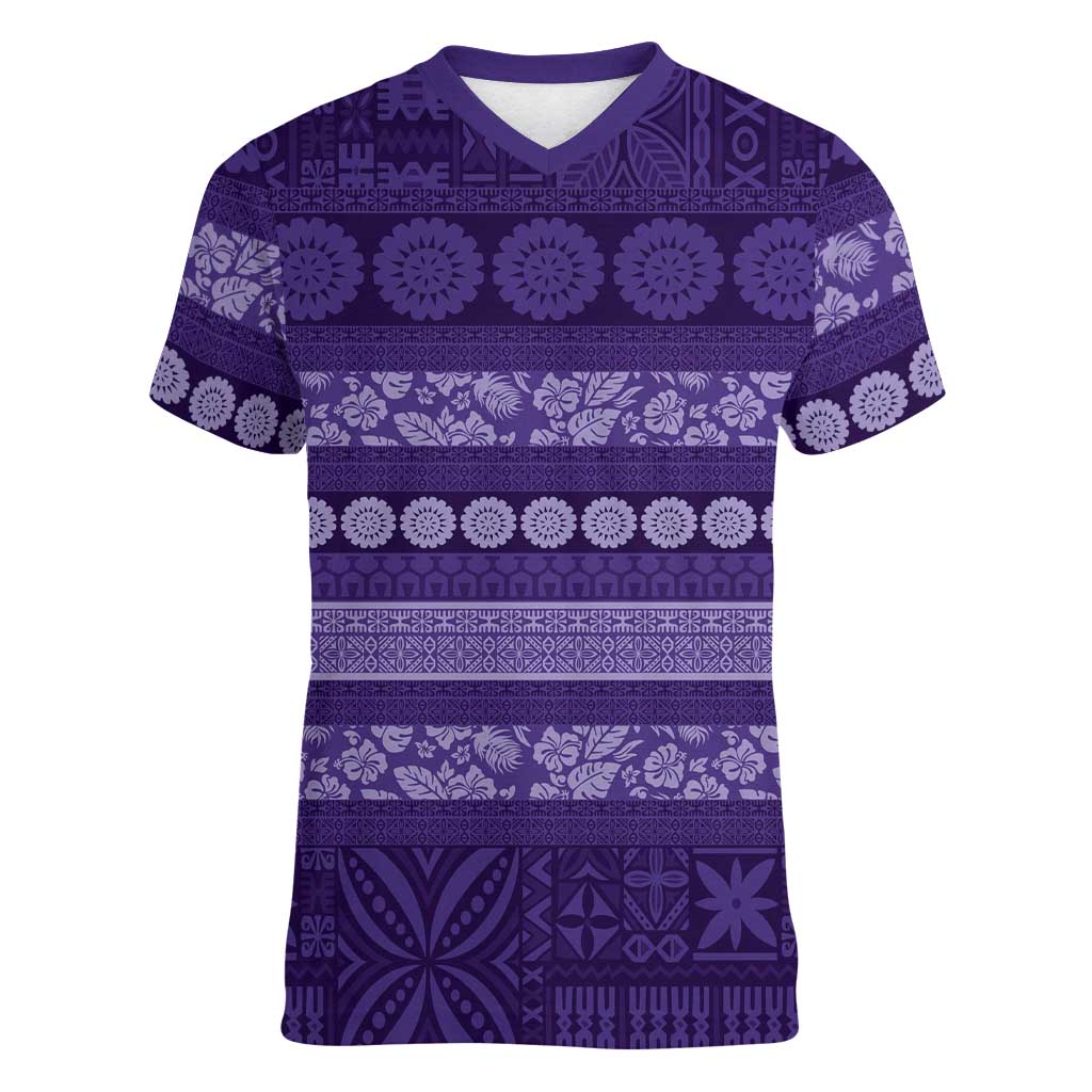 Fiji Marau na Kerisimasi Women V-Neck T-Shirt Purple Tapa Masi Inspired Christmas - Polynesian Pride