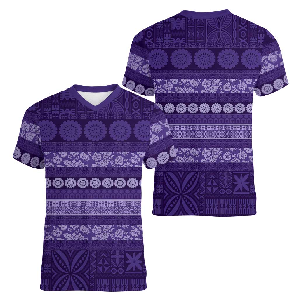 Fiji Marau na Kerisimasi Women V-Neck T-Shirt Purple Tapa Masi Inspired Christmas LT9 - Polynesian Pride