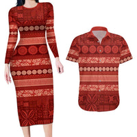 Fiji Marau na Kerisimasi Couples Matching Long Sleeve Bodycon Dress and Hawaiian Shirt Red Tapa Masi Inspired Christmas LT9 Red - Polynesian Pride