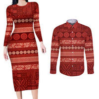 Fiji Marau na Kerisimasi Couples Matching Long Sleeve Bodycon Dress and Long Sleeve Button Shirt Red Tapa Masi Inspired Christmas LT9 Red - Polynesian Pride