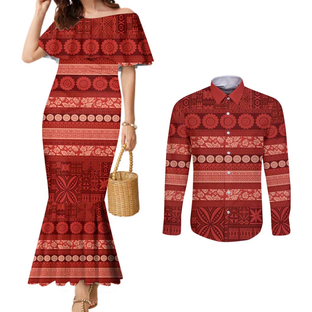 Fiji Marau na Kerisimasi Couples Matching Mermaid Dress and Long Sleeve Button Shirt Red Tapa Masi Inspired Christmas - Polynesian Pride