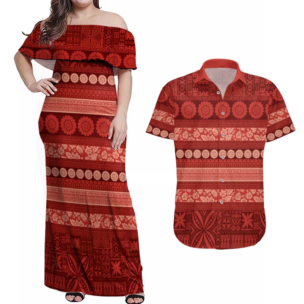 Fiji Marau na Kerisimasi Couples Matching Off Shoulder Maxi Dress and Hawaiian Shirt Red Tapa Masi Inspired Christmas LT9 Red - Polynesian Pride