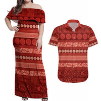Fiji Marau na Kerisimasi Couples Matching Off Shoulder Maxi Dress and Hawaiian Shirt Red Tapa Masi Inspired Christmas LT9 Red - Polynesian Pride