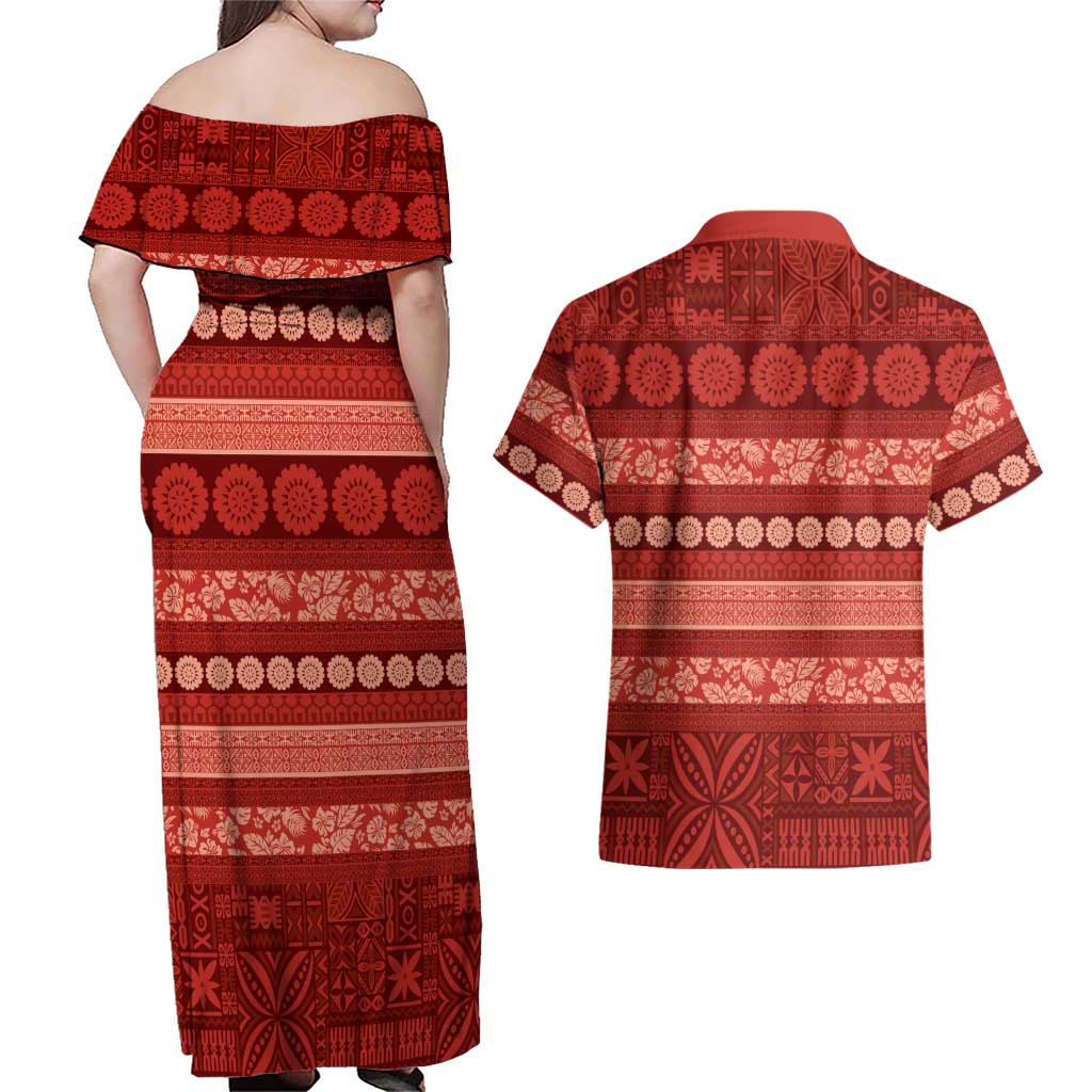 Fiji Marau na Kerisimasi Couples Matching Off Shoulder Maxi Dress and Hawaiian Shirt Red Tapa Masi Inspired Christmas LT9 - Polynesian Pride