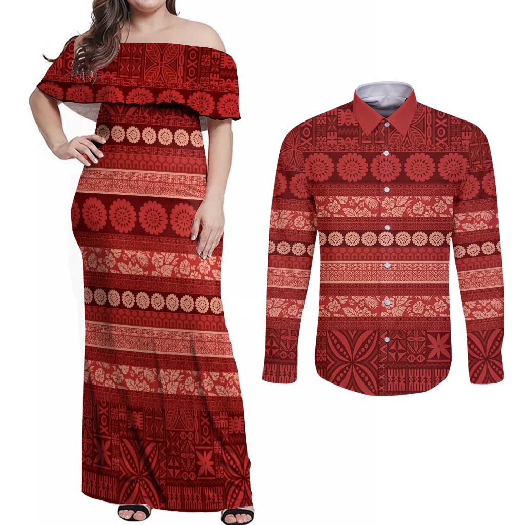 Fiji Marau na Kerisimasi Couples Matching Off Shoulder Maxi Dress and Long Sleeve Button Shirt Red Tapa Masi Inspired Christmas LT9 Red - Polynesian Pride