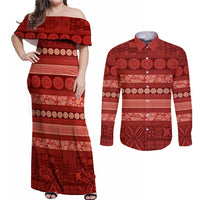 Fiji Marau na Kerisimasi Couples Matching Off Shoulder Maxi Dress and Long Sleeve Button Shirt Red Tapa Masi Inspired Christmas LT9 Red - Polynesian Pride