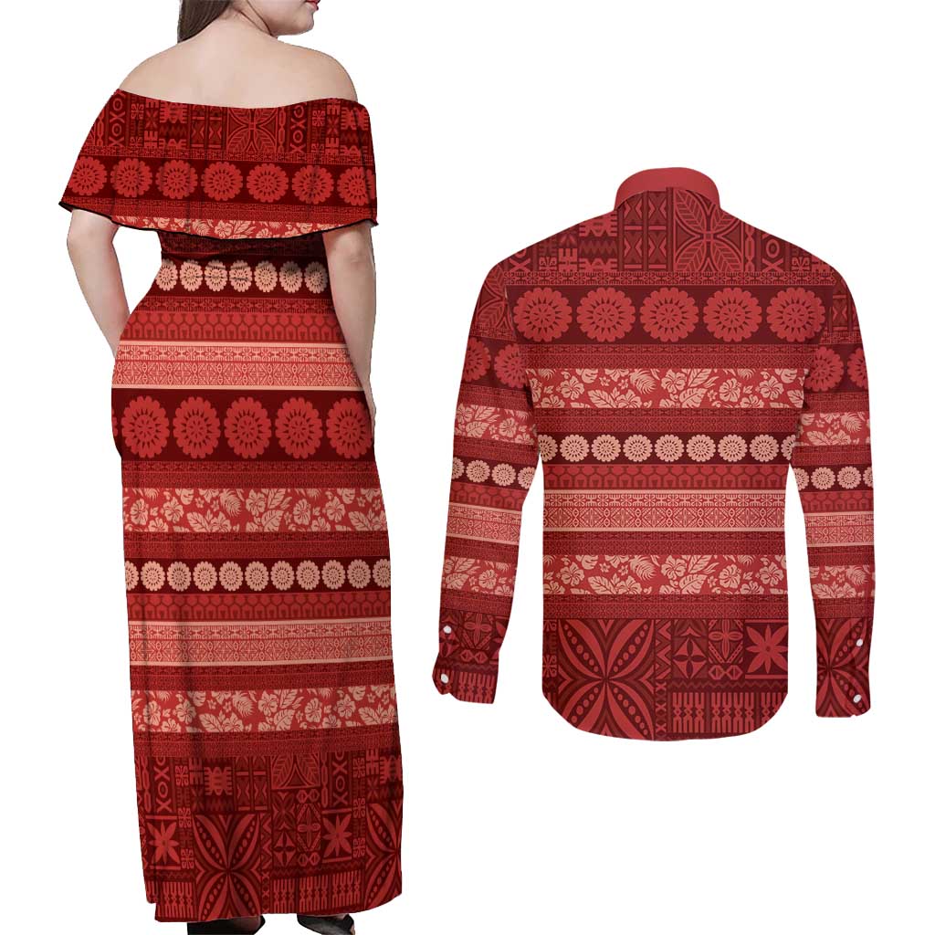 Fiji Marau na Kerisimasi Couples Matching Off Shoulder Maxi Dress and Long Sleeve Button Shirt Red Tapa Masi Inspired Christmas LT9 - Polynesian Pride