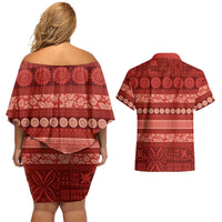 Fiji Marau na Kerisimasi Couples Matching Off Shoulder Short Dress and Hawaiian Shirt Red Tapa Masi Inspired Christmas LT9 - Polynesian Pride