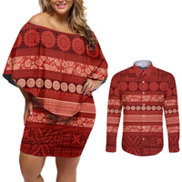 Fiji Marau na Kerisimasi Couples Matching Off Shoulder Short Dress and Long Sleeve Button Shirt Red Tapa Masi Inspired Christmas LT9 Red - Polynesian Pride