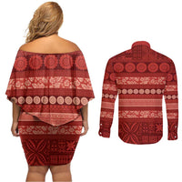 Fiji Marau na Kerisimasi Couples Matching Off Shoulder Short Dress and Long Sleeve Button Shirt Red Tapa Masi Inspired Christmas LT9 - Polynesian Pride