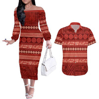 Fiji Marau na Kerisimasi Couples Matching Off The Shoulder Long Sleeve Dress and Hawaiian Shirt Red Tapa Masi Inspired Christmas LT9 Red - Polynesian Pride