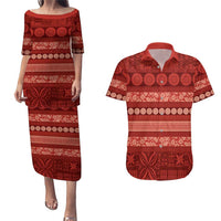 Fiji Marau na Kerisimasi Couples Matching Puletasi and Hawaiian Shirt Red Tapa Masi Inspired Christmas LT9 Red - Polynesian Pride