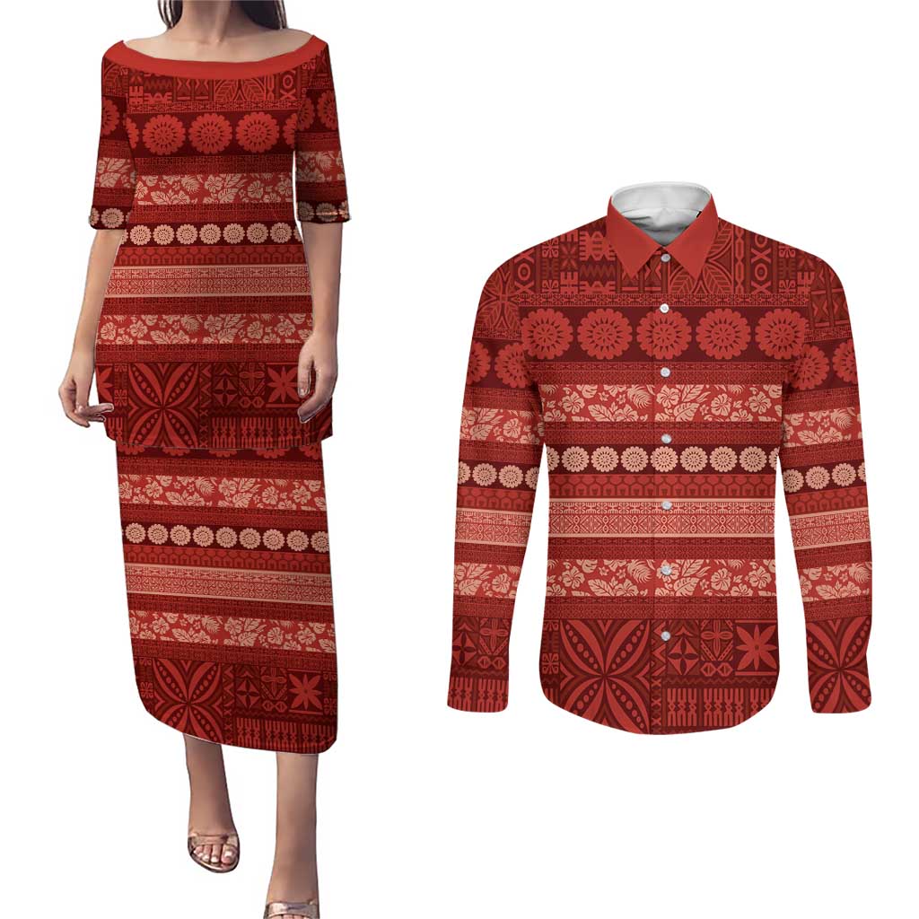 Fiji Marau na Kerisimasi Couples Matching Puletasi and Long Sleeve Button Shirt Red Tapa Masi Inspired Christmas LT9 Red - Polynesian Pride