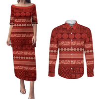 Fiji Marau na Kerisimasi Couples Matching Puletasi and Long Sleeve Button Shirt Red Tapa Masi Inspired Christmas LT9 Red - Polynesian Pride