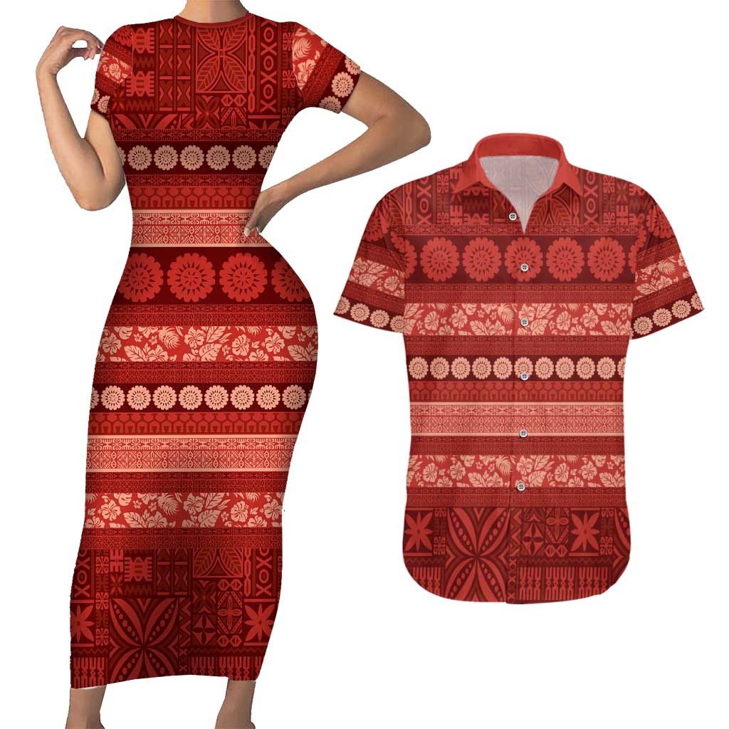 Fiji Marau na Kerisimasi Couples Matching Short Sleeve Bodycon Dress and Hawaiian Shirt Red Tapa Masi Inspired Christmas LT9 Red - Polynesian Pride