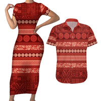 Fiji Marau na Kerisimasi Couples Matching Short Sleeve Bodycon Dress and Hawaiian Shirt Red Tapa Masi Inspired Christmas LT9 Red - Polynesian Pride