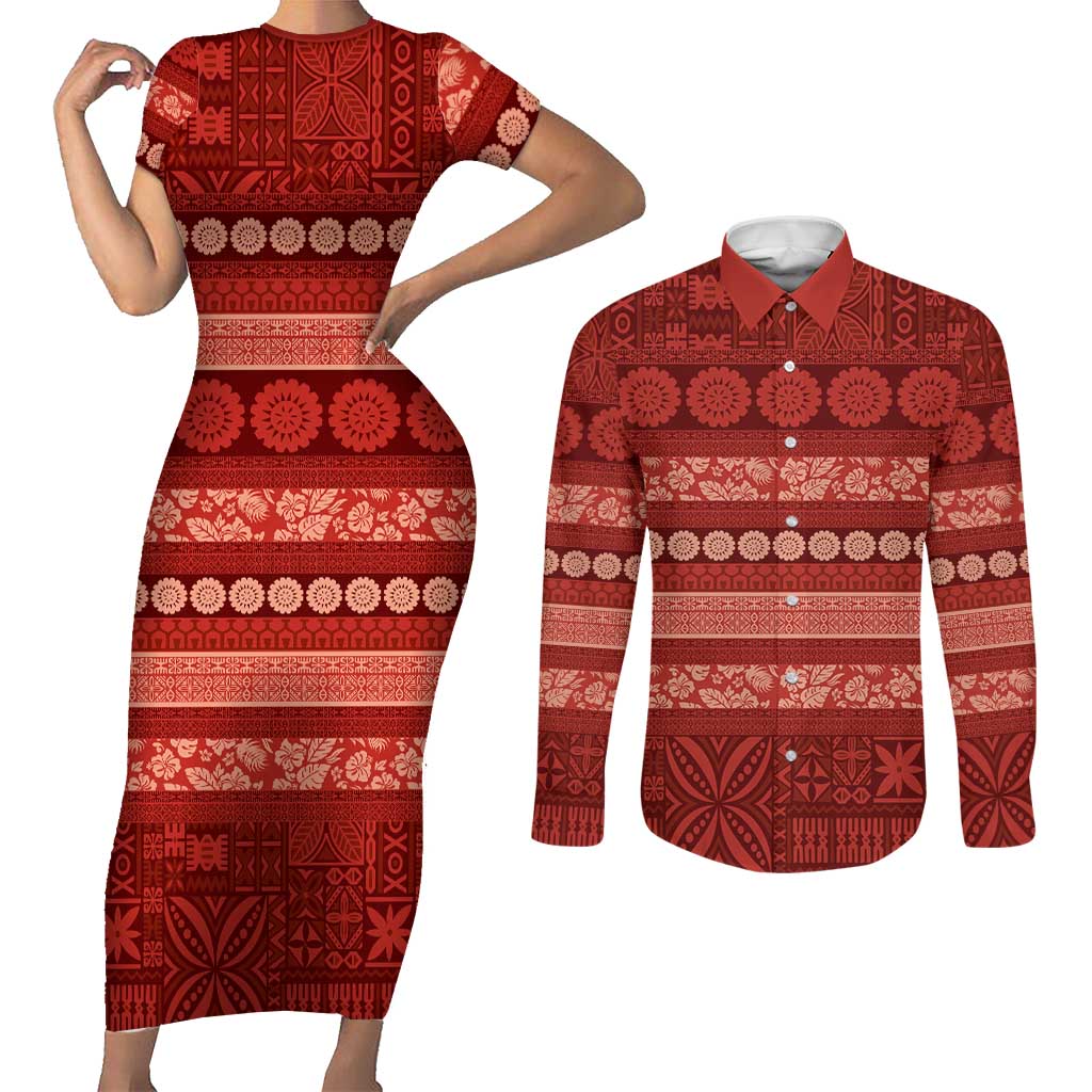 Fiji Marau na Kerisimasi Couples Matching Short Sleeve Bodycon Dress and Long Sleeve Button Shirt Red Tapa Masi Inspired Christmas - Polynesian Pride