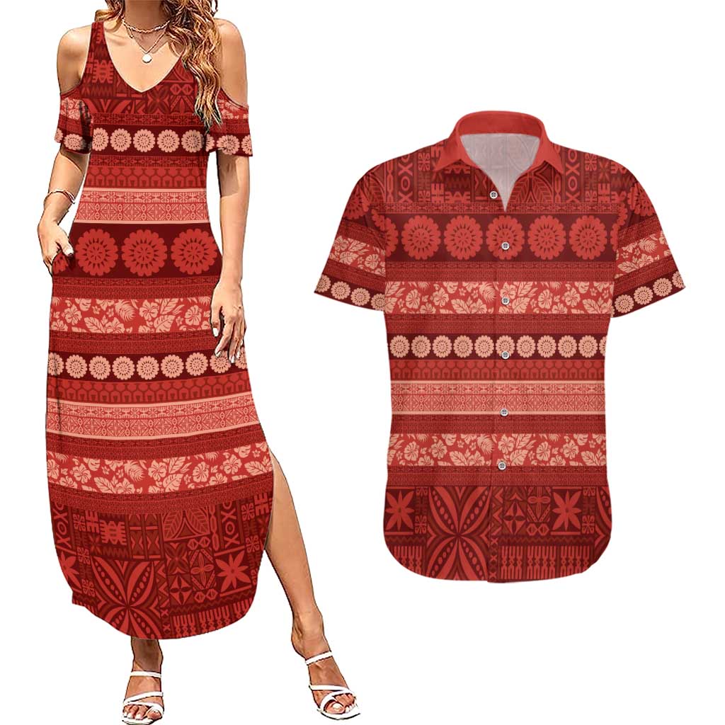 Fiji Marau na Kerisimasi Couples Matching Summer Maxi Dress and Hawaiian Shirt Red Tapa Masi Inspired Christmas LT9 Red - Polynesian Pride