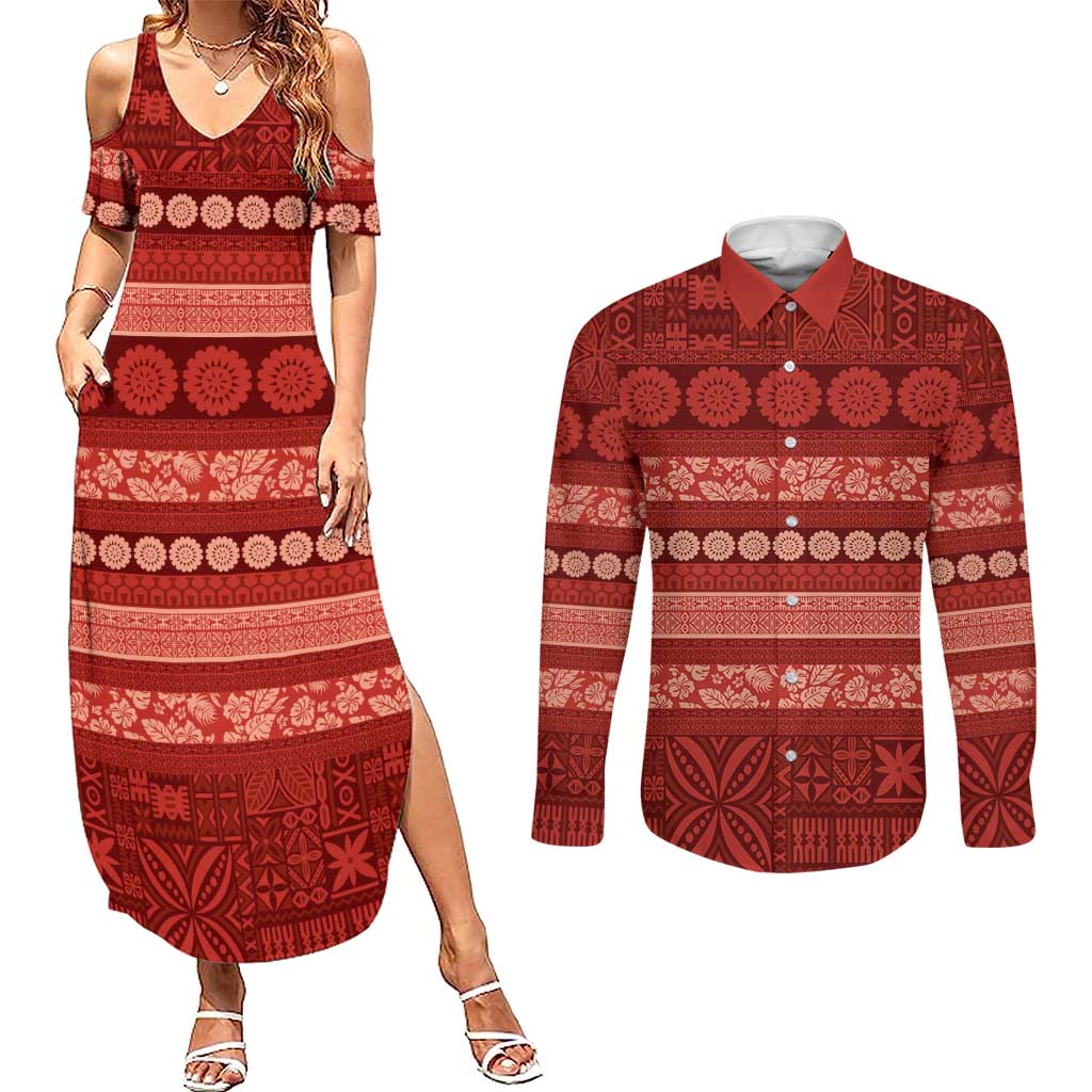 Fiji Marau na Kerisimasi Couples Matching Summer Maxi Dress and Long Sleeve Button Shirt Red Tapa Masi Inspired Christmas LT9 Red - Polynesian Pride
