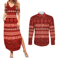 Fiji Marau na Kerisimasi Couples Matching Summer Maxi Dress and Long Sleeve Button Shirt Red Tapa Masi Inspired Christmas LT9 Red - Polynesian Pride