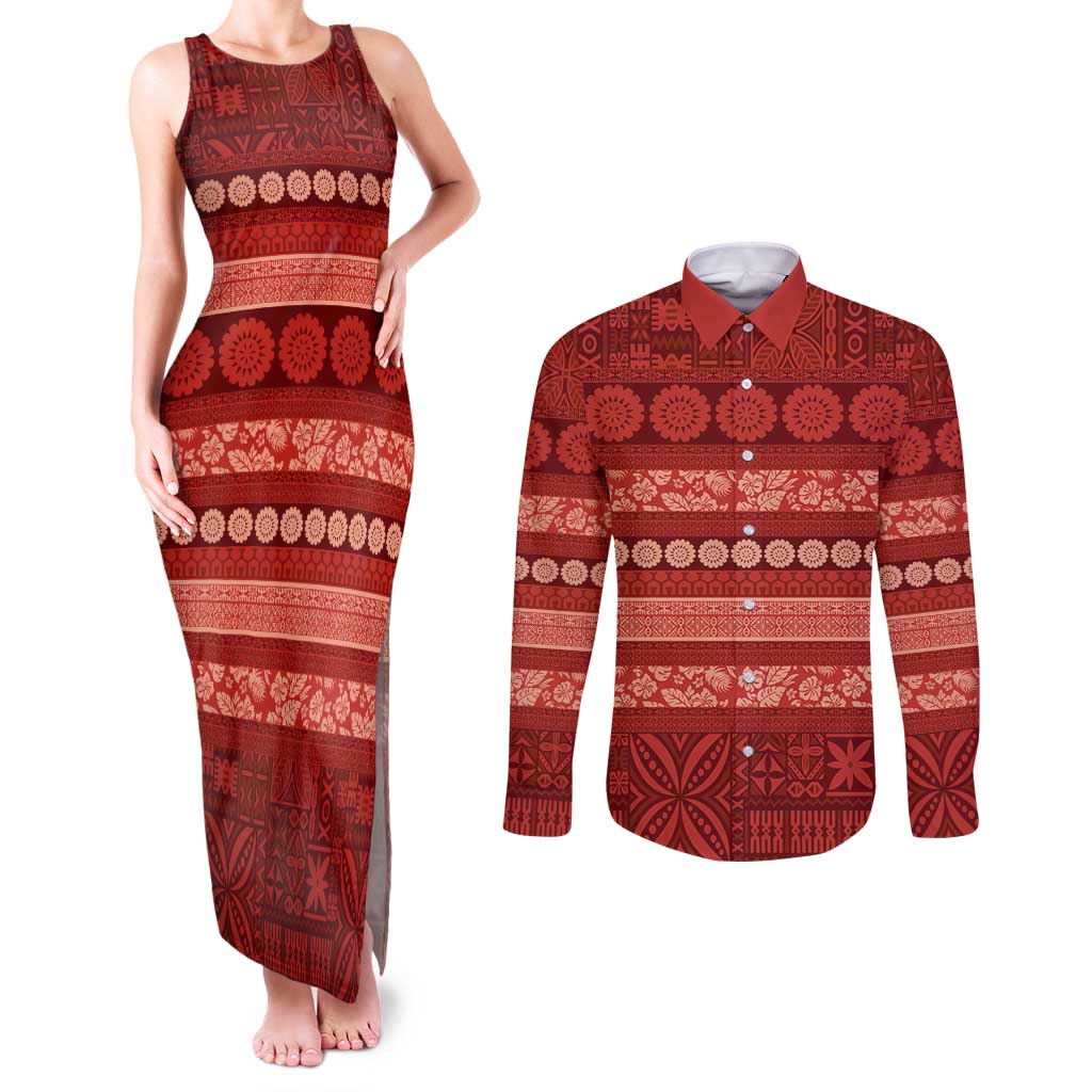 Fiji Marau na Kerisimasi Couples Matching Tank Maxi Dress and Long Sleeve Button Shirt Red Tapa Masi Inspired Christmas LT9 Red - Polynesian Pride