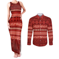 Fiji Marau na Kerisimasi Couples Matching Tank Maxi Dress and Long Sleeve Button Shirt Red Tapa Masi Inspired Christmas LT9 Red - Polynesian Pride