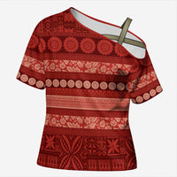 Fiji Marau na Kerisimasi Cross Shoulder Shirt Red Tapa Masi Inspired Christmas LT9 Female Red - Polynesian Pride