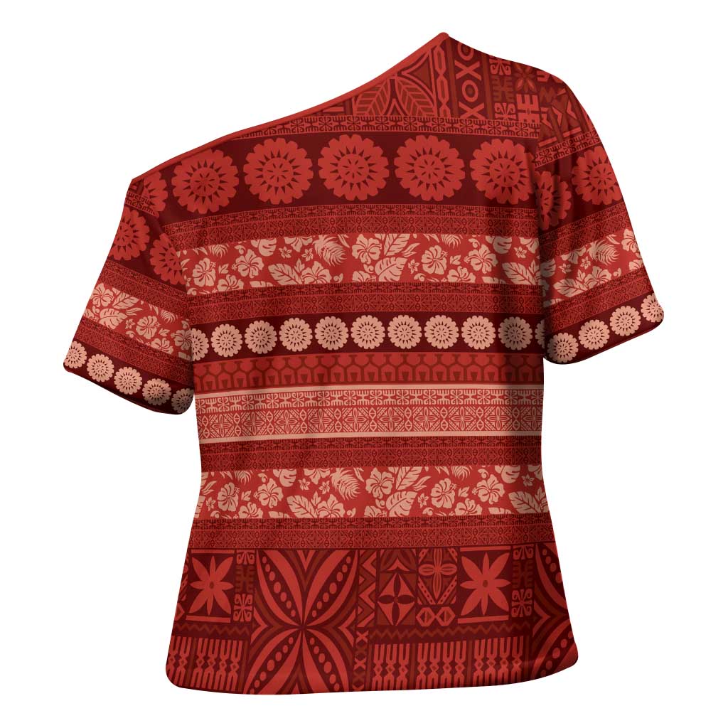 Fiji Marau na Kerisimasi Cross Shoulder Shirt Red Tapa Masi Inspired Christmas LT9 - Polynesian Pride