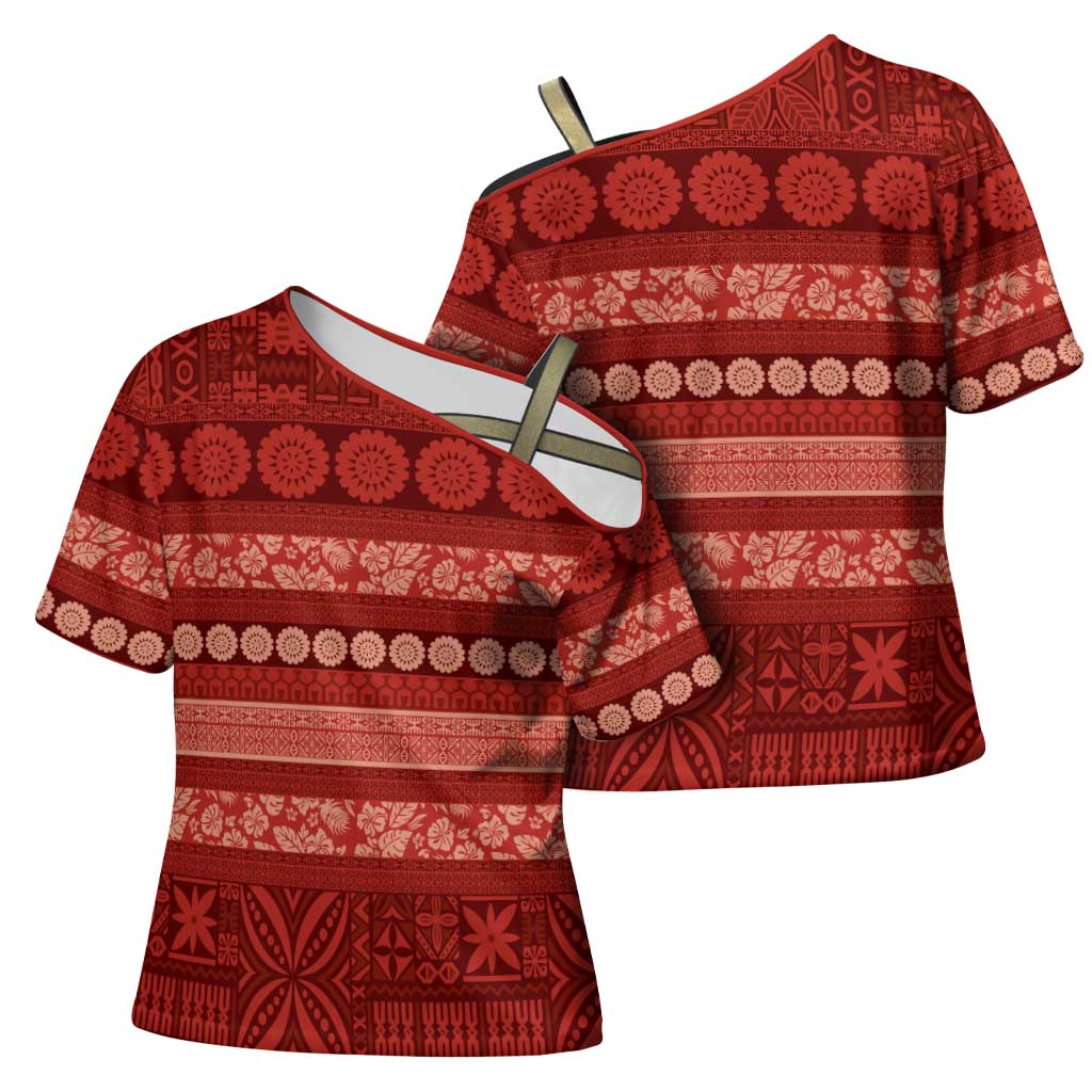 Fiji Marau na Kerisimasi Cross Shoulder Shirt Red Tapa Masi Inspired Christmas LT9 - Polynesian Pride