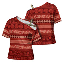 Fiji Marau na Kerisimasi Cross Shoulder Shirt Red Tapa Masi Inspired Christmas LT9 - Polynesian Pride